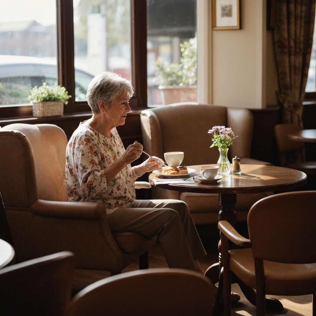 A person enjoying a relaxed lunch in a UK café with a meal and hot drink