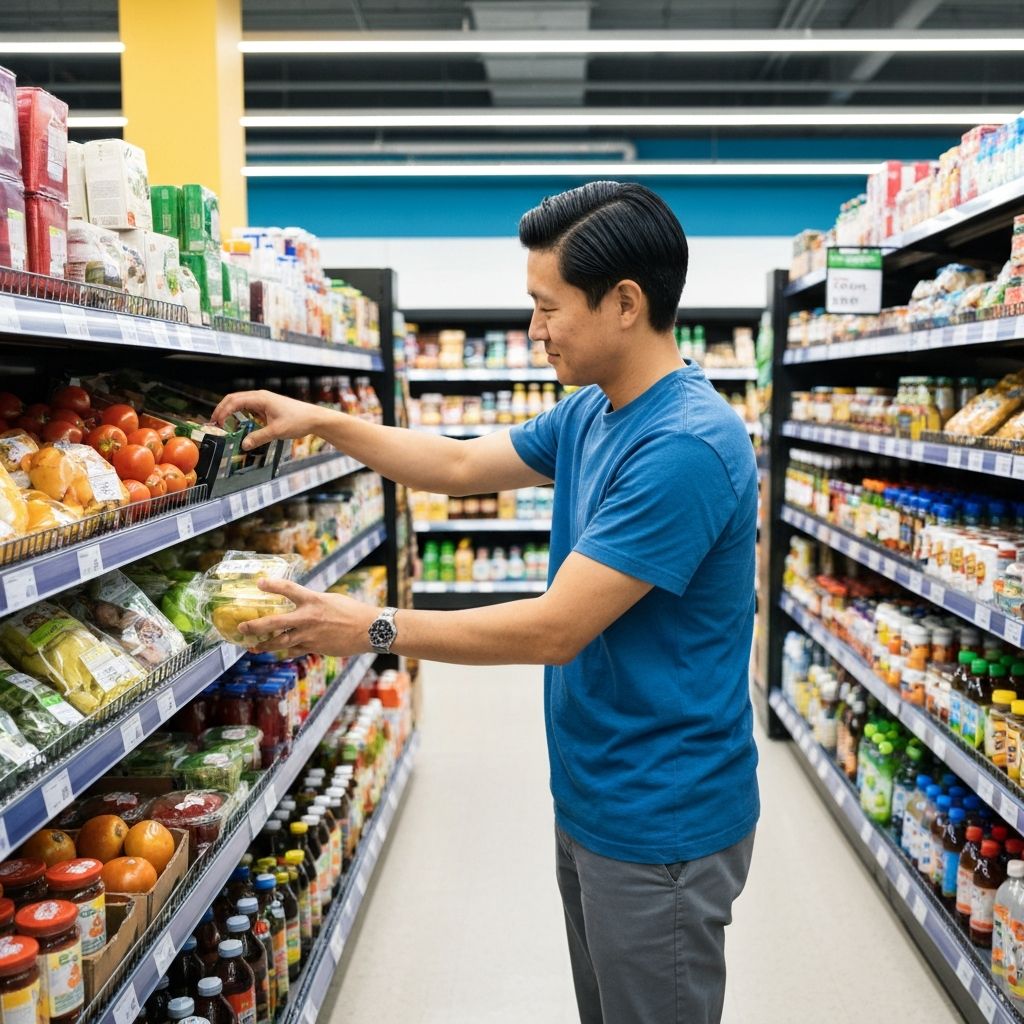 A person choosing items in a UK supermarket aisle, reaching for produce and packaged goods